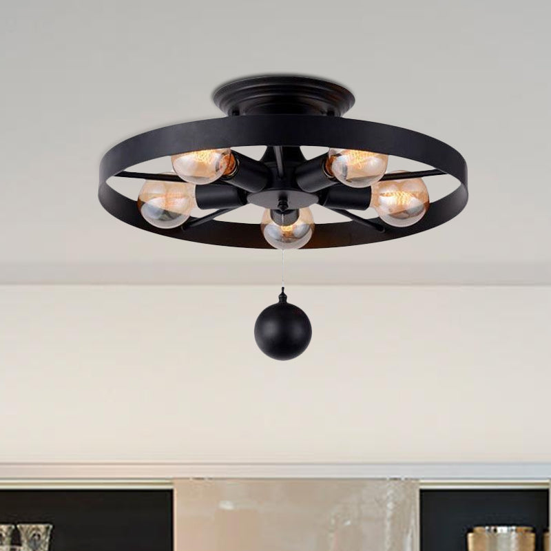 Industrial Style Wheel Semi Flush Light with Ball Decoration 5 Lights Metal Ceiling Light Fixture in Black Clearhalo 'Ceiling Lights' 'Close To Ceiling Lights' 'Close to ceiling' 'Semi-flushmount' Lighting' 1419879