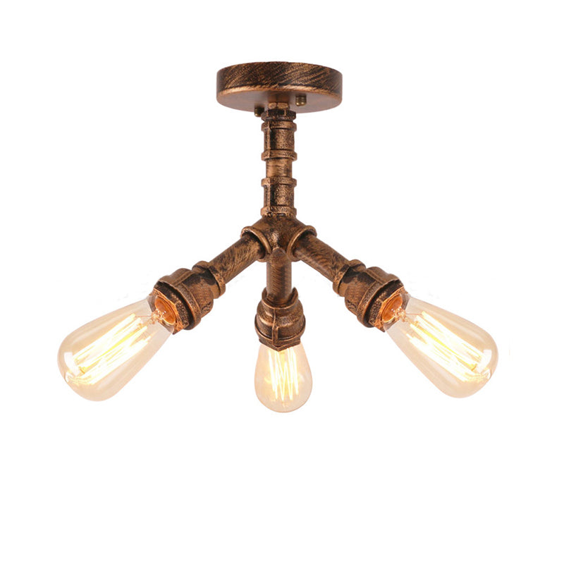 3-Light Ceiling Light with Pipe Metallic Shade Steampunk Living Room Semi Flush Light in Aged Bronze Clearhalo 'Ceiling Lights' 'Close To Ceiling Lights' 'Close to ceiling' 'Semi-flushmount' Lighting' 141988