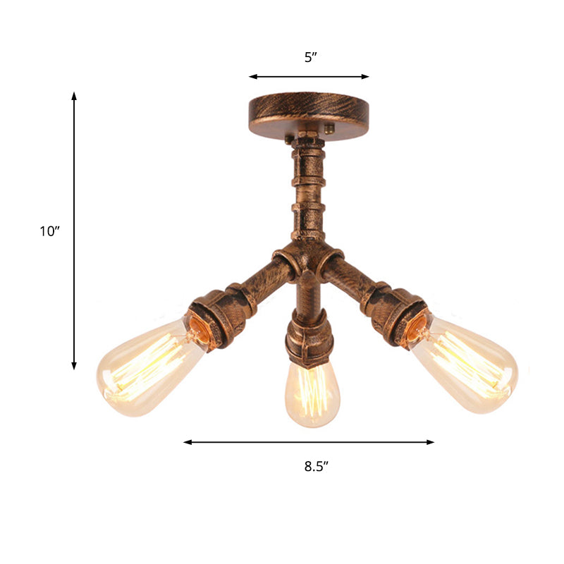 3-Light Ceiling Light with Pipe Metallic Shade Steampunk Living Room Semi Flush Light in Aged Bronze Clearhalo 'Ceiling Lights' 'Close To Ceiling Lights' 'Close to ceiling' 'Semi-flushmount' Lighting' 141989