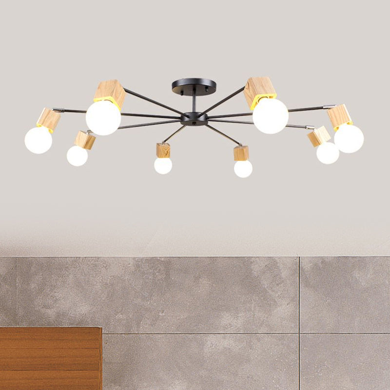 3/5-Light Ceiling Lamp Loft Industrial Open Bulb Metal Semi Flush Light in Wood for Bedroom Clearhalo 'Ceiling Lights' 'Close To Ceiling Lights' 'Close to ceiling' 'Semi-flushmount' Lighting' 1419893