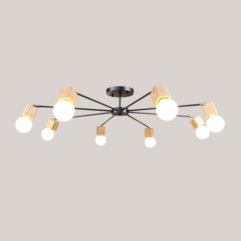 3/5-Light Ceiling Lamp Loft Industrial Open Bulb Metal Semi Flush Light in Wood for Bedroom Clearhalo 'Ceiling Lights' 'Close To Ceiling Lights' 'Close to ceiling' 'Semi-flushmount' Lighting' 1419894