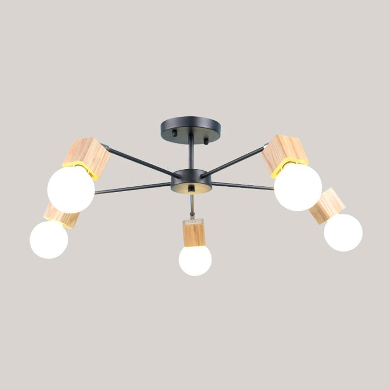 3/5-Light Ceiling Lamp Loft Industrial Open Bulb Metal Semi Flush Light in Wood for Bedroom Clearhalo 'Ceiling Lights' 'Close To Ceiling Lights' 'Close to ceiling' 'Semi-flushmount' Lighting' 1419896