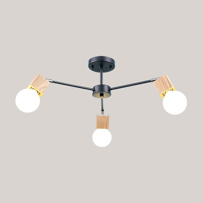 3/5-Light Ceiling Lamp Loft Industrial Open Bulb Metal Semi Flush Light in Wood for Bedroom Clearhalo 'Ceiling Lights' 'Close To Ceiling Lights' 'Close to ceiling' 'Semi-flushmount' Lighting' 1419897