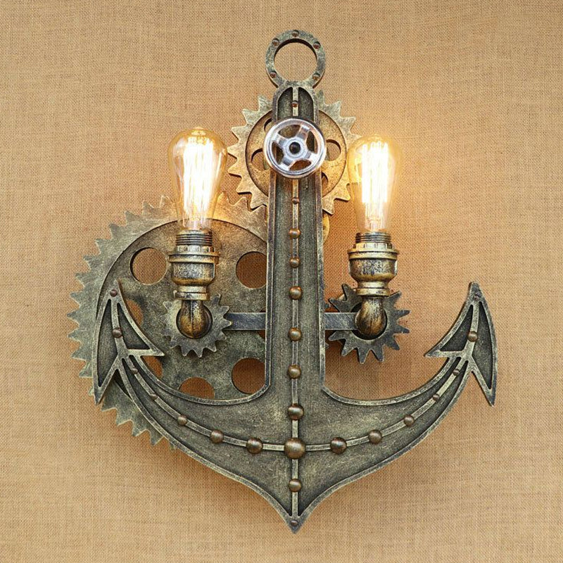 2 Bulbs Anchor Wall Mount Light with Gear Deco Antique Style Aged Brass/Rust Wrought Iron Sconce Lamp for Restaurant Clearhalo 'Art deco wall lights' 'Cast Iron' 'Glass' 'Industrial wall lights' 'Industrial' 'Middle century wall lights' 'Modern' 'Rustic wall lights' 'Tiffany' 'Traditional wall lights' 'Wall Lamps & Sconces' 'Wall Lights' Lighting' 1419904