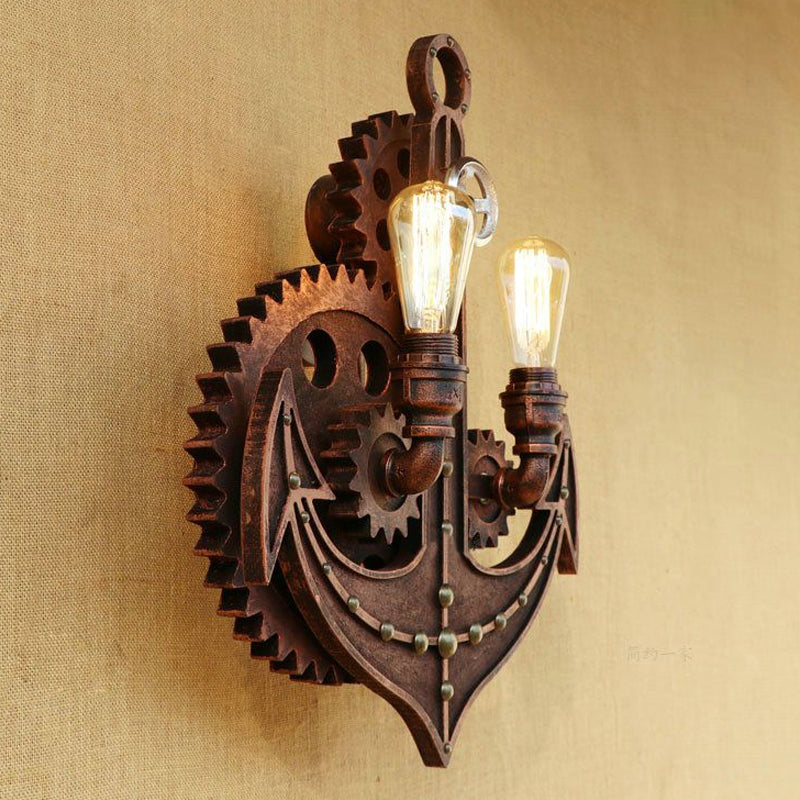 2 Bulbs Anchor Wall Mount Light with Gear Deco Antique Style Aged Brass/Rust Wrought Iron Sconce Lamp for Restaurant Clearhalo 'Art deco wall lights' 'Cast Iron' 'Glass' 'Industrial wall lights' 'Industrial' 'Middle century wall lights' 'Modern' 'Rustic wall lights' 'Tiffany' 'Traditional wall lights' 'Wall Lamps & Sconces' 'Wall Lights' Lighting' 1419906