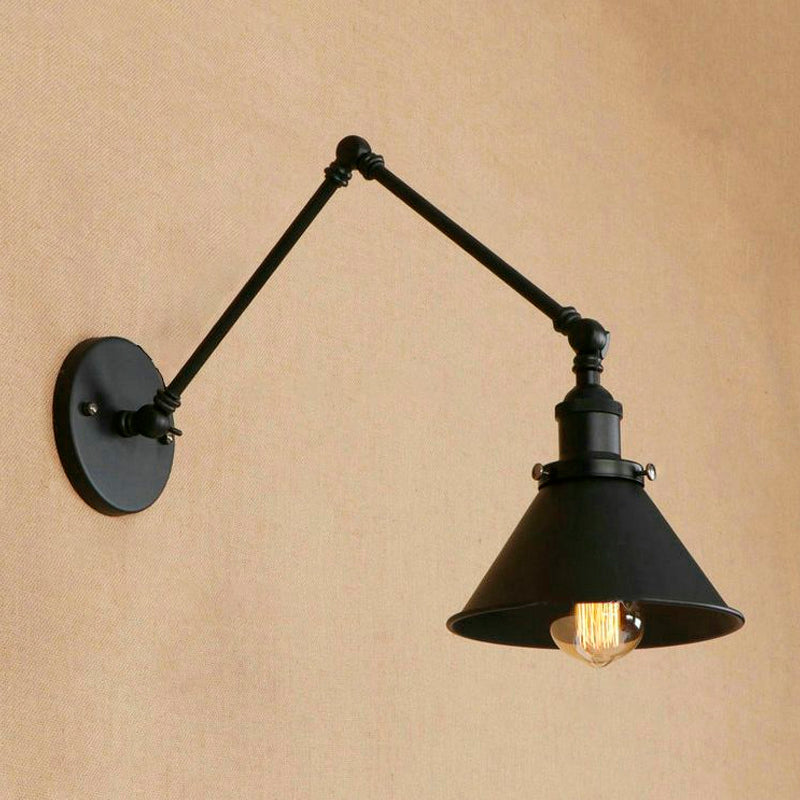 1 Head Sconce Lighting with Conic Shade and Swing Arm Metal Retro Style Indoor Wall Lamp in Black Clearhalo 'Art deco wall lights' 'Cast Iron' 'Glass' 'Industrial wall lights' 'Industrial' 'Middle century wall lights' 'Modern' 'Rustic wall lights' 'Tiffany' 'Traditional wall lights' 'Wall Lamps & Sconces' 'Wall Lights' Lighting' 1419917