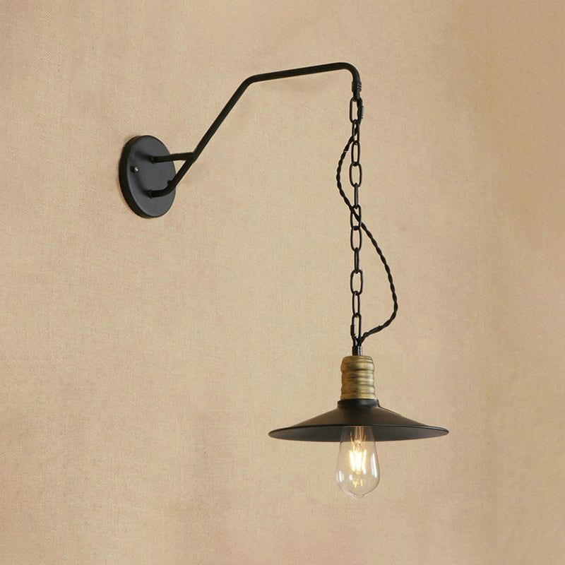 1 Bulb Wall Hanging Light with Flat Shade and Chain Metal Vintage Style Living Room Sconce Lighting in Black, 7"/10" W Clearhalo 'Art deco wall lights' 'Cast Iron' 'Glass' 'Industrial wall lights' 'Industrial' 'Middle century wall lights' 'Modern' 'Rustic wall lights' 'Tiffany' 'Traditional wall lights' 'Wall Lamps & Sconces' 'Wall Lights' Lighting' 1419918