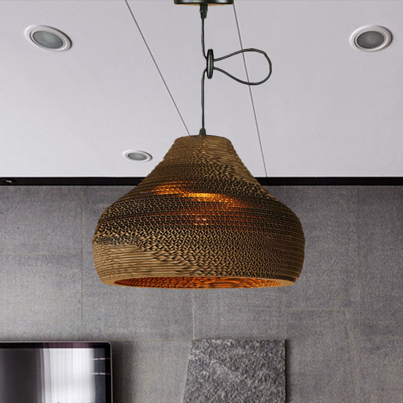 Contemporary Dome/Bowl Shade Suspension Light 1 Head Corrugated Paper Pendant Lamp in Brown Clearhalo 'Ceiling Lights' 'Modern Pendants' 'Modern' 'Pendant Lights' 'Pendants' Lighting' 1419928