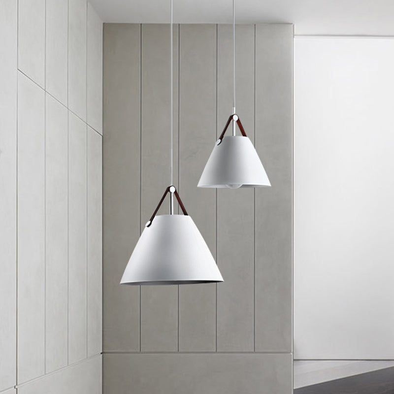 Modernist Conical Pendant Lighting 10.5"/14" W 1 Bulb Metallic Suspension Light with Leather Strap in Black/Blue over Table Clearhalo 'Ceiling Lights' 'Modern Pendants' 'Modern' 'Pendant Lights' 'Pendants' Lighting' 1419944