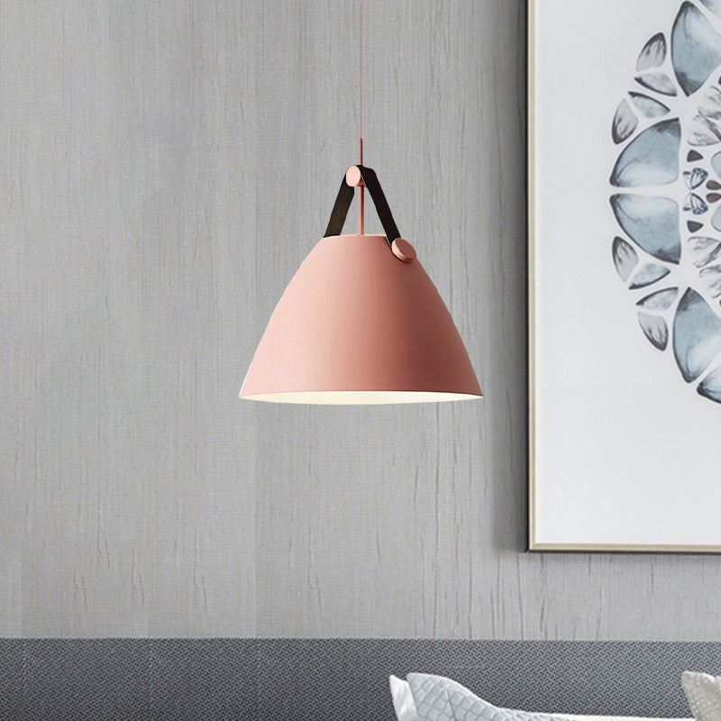 Modernist Conical Pendant Lighting 10.5"/14" W 1 Bulb Metallic Suspension Light with Leather Strap in Black/Blue over Table Clearhalo 'Ceiling Lights' 'Modern Pendants' 'Modern' 'Pendant Lights' 'Pendants' Lighting' 1419945