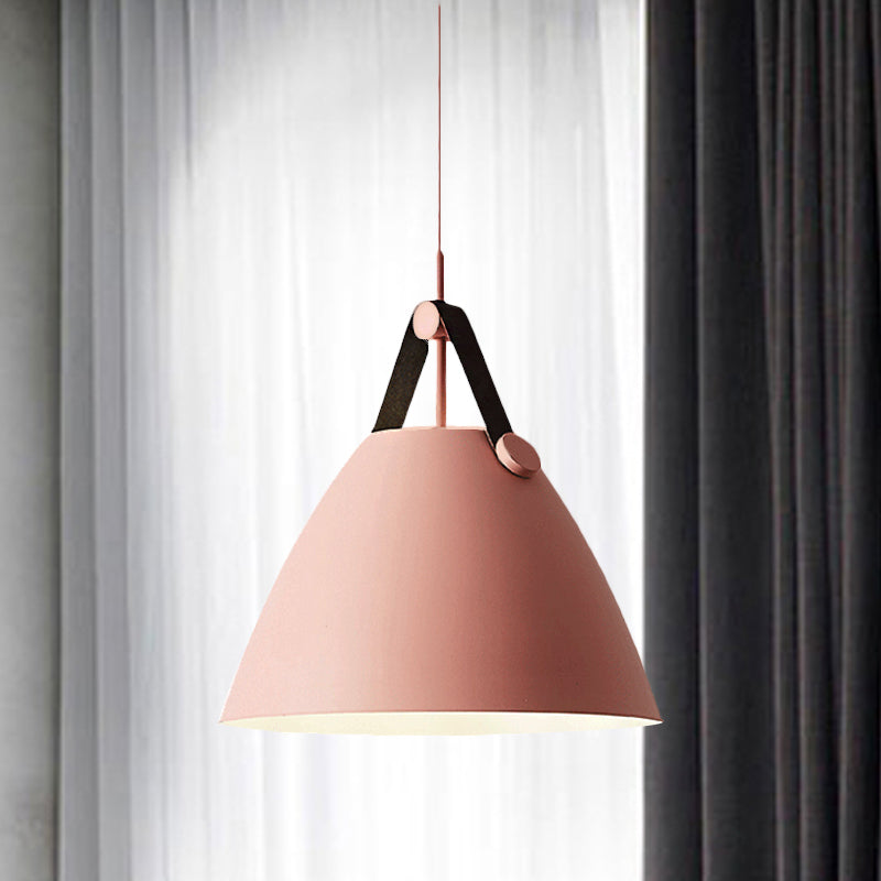 Modernist Conical Pendant Lighting 10.5"/14" W 1 Bulb Metallic Suspension Light with Leather Strap in Black/Blue over Table Clearhalo 'Ceiling Lights' 'Modern Pendants' 'Modern' 'Pendant Lights' 'Pendants' Lighting' 1419946