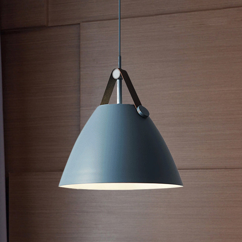 Modernist Conical Pendant Lighting 10.5"/14" W 1 Bulb Metallic Suspension Light with Leather Strap in Black/Blue over Table Clearhalo 'Ceiling Lights' 'Modern Pendants' 'Modern' 'Pendant Lights' 'Pendants' Lighting' 1419947