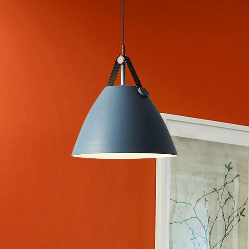 Modernist Conical Pendant Lighting 10.5"/14" W 1 Bulb Metallic Suspension Light with Leather Strap in Black/Blue over Table Clearhalo 'Ceiling Lights' 'Modern Pendants' 'Modern' 'Pendant Lights' 'Pendants' Lighting' 1419948