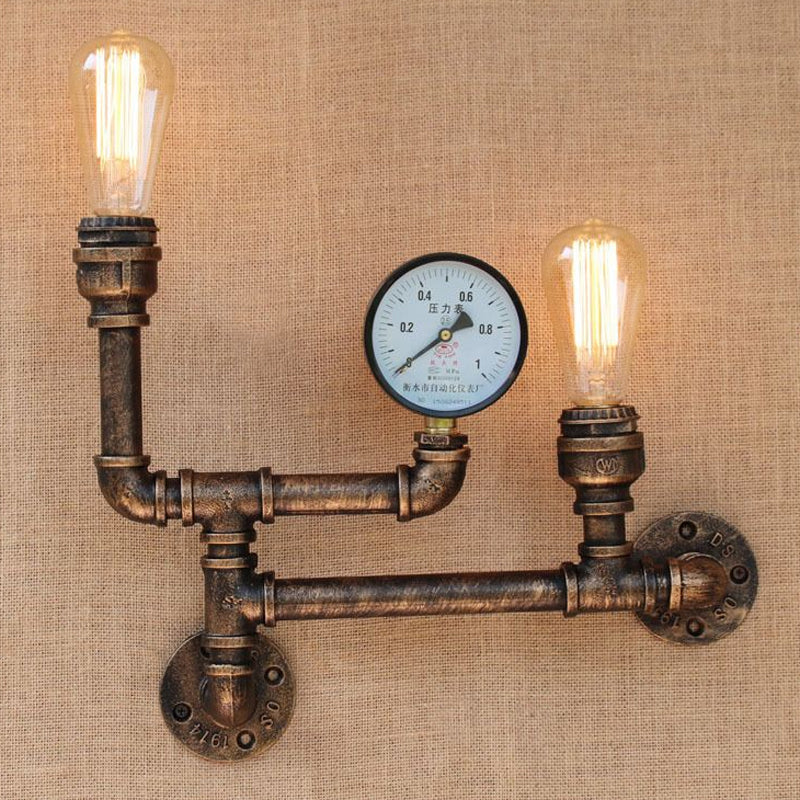 2 Lights Iron Wall Light Vintage Antique Brass Exposed Bulb Living Room Wall Mount Lamp with Pressure Gauge Clearhalo 'Art deco wall lights' 'Cast Iron' 'Glass' 'Industrial wall lights' 'Industrial' 'Middle century wall lights' 'Modern' 'Rustic wall lights' 'Tiffany' 'Traditional wall lights' 'Wall Lamps & Sconces' 'Wall Lights' Lighting' 1419956