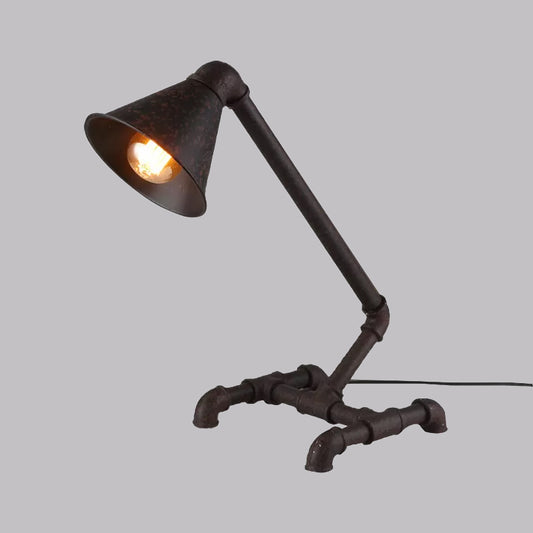 Dark Rust Conical Table Light Industrial Style Metallic 1 Light Bedroom Standing Light with Pipe-Like Base Clearhalo 'Lamps' 'Table Lamps' Lighting' 1419993