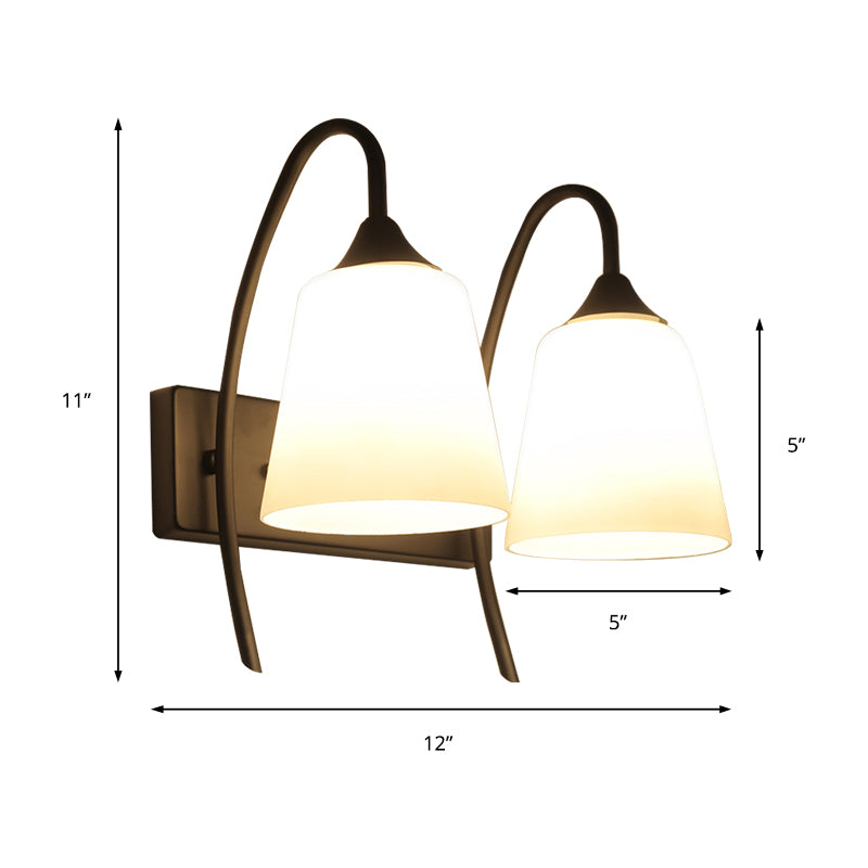 2-Bulb Frosted Glass Sconce Light Fixture Industrial Black Tapered Bedroom Wall Lamp Clearhalo 'Cast Iron' 'Glass' 'Industrial' 'Modern wall lights' 'Modern' 'Tiffany' 'Traditional wall lights' 'Wall Lamps & Sconces' 'Wall Lights' Lighting' 142001