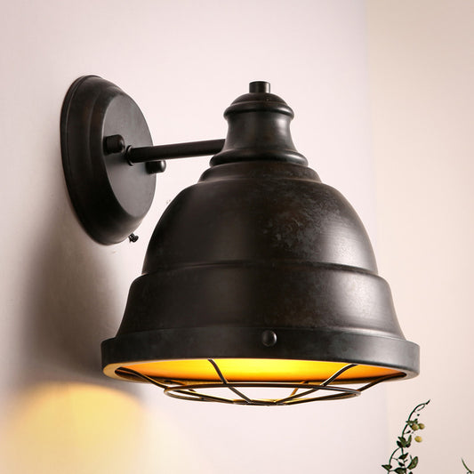 1 Light Dome Wall Lamp with Wire Cage Vintage Style Black/Weathered Copper Iron Wall Sconce for Staircase Clearhalo 'Art deco wall lights' 'Cast Iron' 'Glass' 'Industrial wall lights' 'Industrial' 'Middle century wall lights' 'Modern' 'Rustic wall lights' 'Tiffany' 'Traditional wall lights' 'Wall Lamps & Sconces' 'Wall Lights' Lighting' 1420096