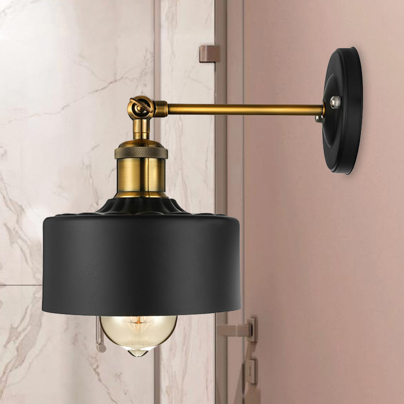 1 Light Wall Lamp Loft Style Dome/Drum Shade Metal Adjustable Sconce Light Fixture in Black for Bedroom Clearhalo 'Cast Iron' 'Glass' 'Industrial' 'Modern wall lights' 'Modern' 'Tiffany' 'Traditional wall lights' 'Wall Lamps & Sconces' 'Wall Lights' Lighting' 1420106