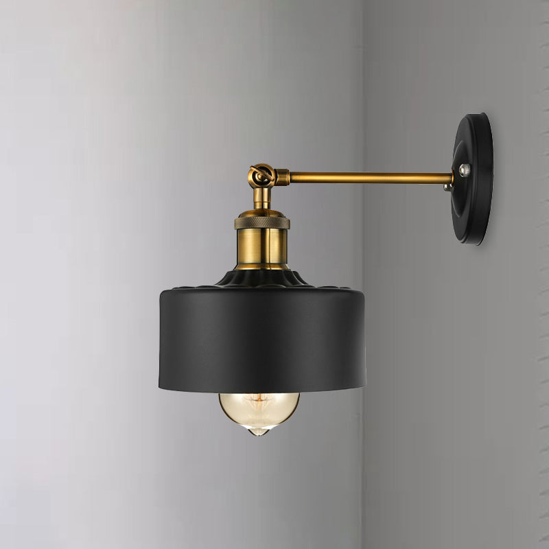 1 Light Wall Lamp Loft Style Dome/Drum Shade Metal Adjustable Sconce Light Fixture in Black for Bedroom Clearhalo 'Cast Iron' 'Glass' 'Industrial' 'Modern wall lights' 'Modern' 'Tiffany' 'Traditional wall lights' 'Wall Lamps & Sconces' 'Wall Lights' Lighting' 1420107