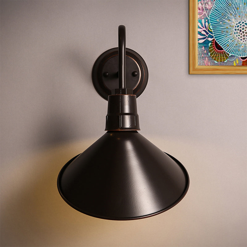 Conical Metal Wall Lamp Fixture with Cone Shade Industrial 1 Bulb Bedroom Wall Sconce Lighting in Bronze Clearhalo 'Art deco wall lights' 'Cast Iron' 'Glass' 'Industrial wall lights' 'Industrial' 'Middle century wall lights' 'Modern' 'Rustic wall lights' 'Tiffany' 'Traditional wall lights' 'Wall Lamps & Sconces' 'Wall Lights' Lighting' 1420192