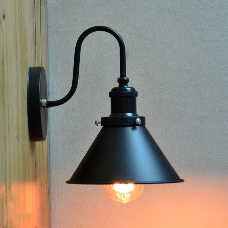 Gooseneck Metallic Wall Sconce with Cone Shade Vintage 1 Light Corridor Wall Mount Fixture in Black Clearhalo 'Art deco wall lights' 'Cast Iron' 'Glass' 'Industrial wall lights' 'Industrial' 'Middle century wall lights' 'Modern' 'Rustic wall lights' 'Tiffany' 'Traditional wall lights' 'Wall Lamps & Sconces' 'Wall Lights' Lighting' 1420194