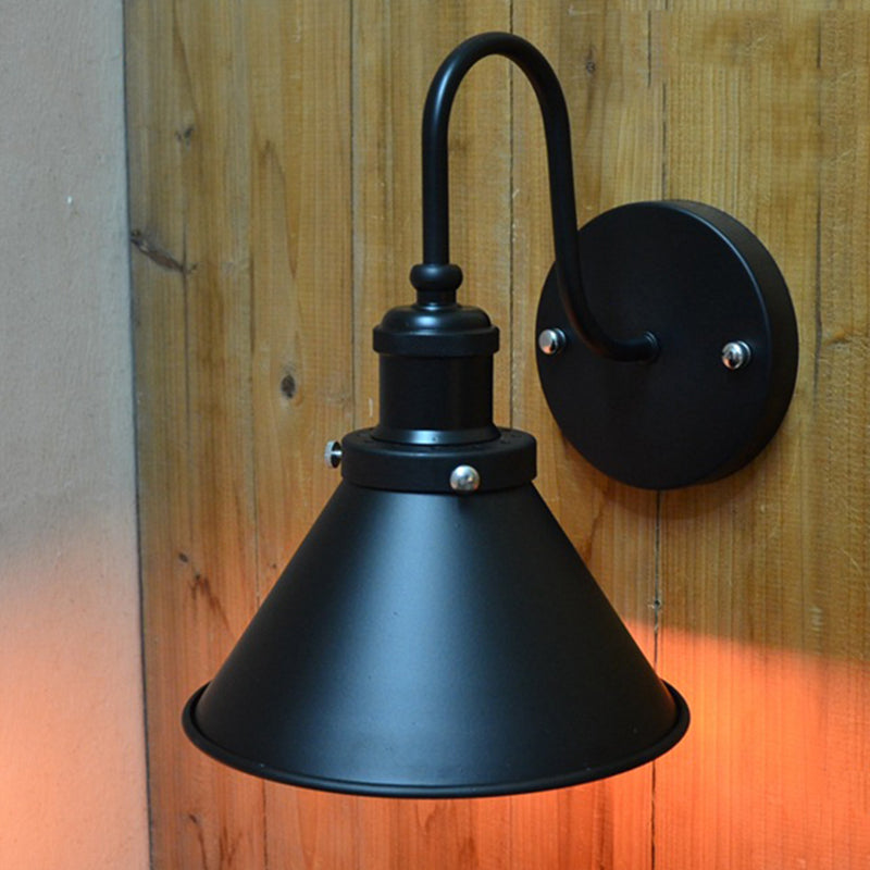 Gooseneck Metallic Wall Sconce with Cone Shade Vintage 1 Light Corridor Wall Mount Fixture in Black Clearhalo 'Art deco wall lights' 'Cast Iron' 'Glass' 'Industrial wall lights' 'Industrial' 'Middle century wall lights' 'Modern' 'Rustic wall lights' 'Tiffany' 'Traditional wall lights' 'Wall Lamps & Sconces' 'Wall Lights' Lighting' 1420196