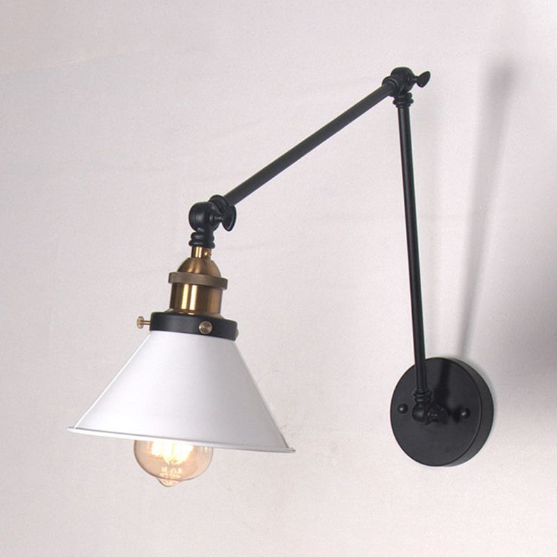1 Light Adjustable Wall Lamp with Cone Shade Metal Retro Indoor Wall Sconce Light in Black/White Clearhalo 'Cast Iron' 'Glass' 'Industrial' 'Modern wall lights' 'Modern' 'Tiffany' 'Traditional wall lights' 'Wall Lamps & Sconces' 'Wall Lights' Lighting' 1420200