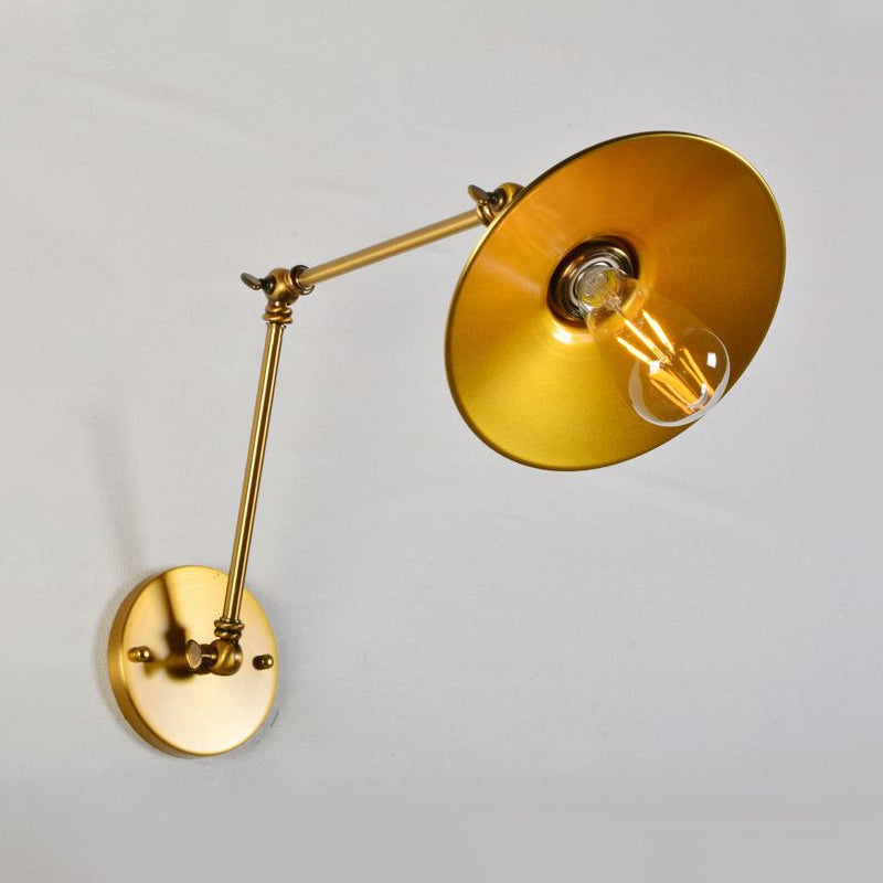 Industrial Style Swing Arm Wall Lamp with Flared Shade 1 Light Metal Wall Mount Light in Brass Clearhalo 'Art deco wall lights' 'Cast Iron' 'Glass' 'Industrial wall lights' 'Industrial' 'Middle century wall lights' 'Modern' 'Rustic wall lights' 'Tiffany' 'Traditional wall lights' 'Wall Lamps & Sconces' 'Wall Lights' Lighting' 1420215