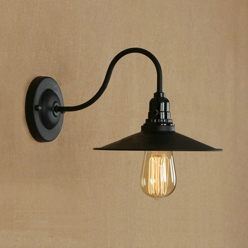 Metal Gooseneck Wall Sconce with Flared Shade Vintage Style 1 Light Living Room Wall Lamp in Black Clearhalo 'Art deco wall lights' 'Cast Iron' 'Glass' 'Industrial wall lights' 'Industrial' 'Middle century wall lights' 'Modern' 'Rustic wall lights' 'Tiffany' 'Traditional wall lights' 'Wall Lamps & Sconces' 'Wall Lights' Lighting' 1420235