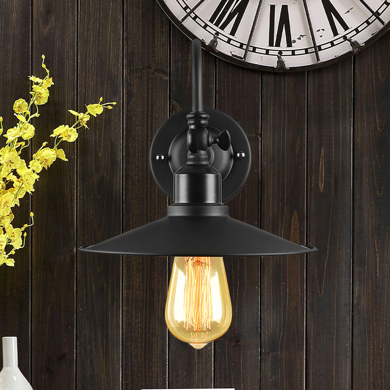 Black Finish Flared Sconce Lighting with Gooseneck Arm Loft Style Metal 1 Bulb Dining Room Wall Light Clearhalo 'Art deco wall lights' 'Cast Iron' 'Glass' 'Industrial wall lights' 'Industrial' 'Middle century wall lights' 'Modern' 'Rustic wall lights' 'Tiffany' 'Traditional wall lights' 'Wall Lamps & Sconces' 'Wall Lights' Lighting' 1420244