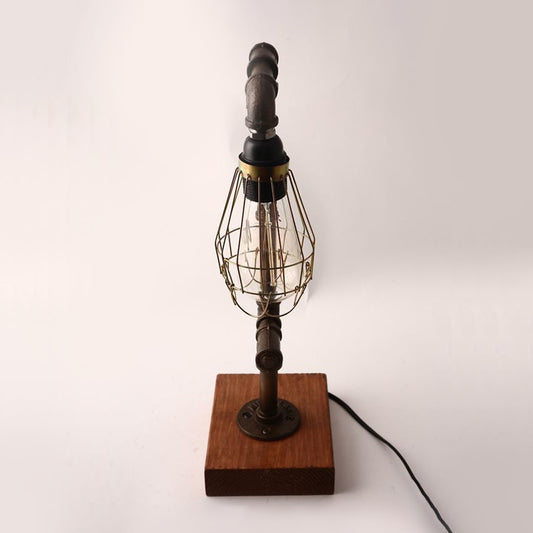 Industrial Wire Cage Table Lighting with Pipe 1 Light Metal and Wood Standing Table Lamp in Black Clearhalo 'Lamps' 'Table Lamps' Lighting' 1420256