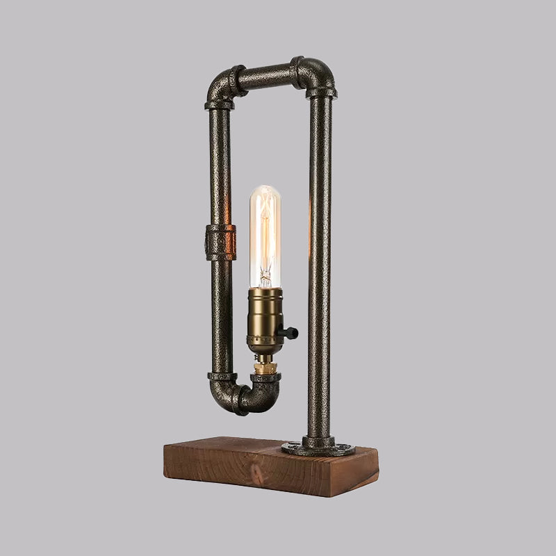 Iron Rectangle Piped Table Lighting Vintage Industrial 1 Head Bedroom Antique Brass Table Lamp with Wooden Base Clearhalo 'Lamps' 'Table Lamps' Lighting' 1420257