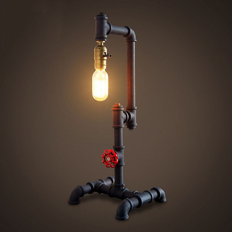 1 Light Standing Light Industrial Style Pipe Design Metallic Table Light with Red Valve in Dark Rust for Living Room Clearhalo 'Lamps' 'Table Lamps' Lighting' 1420269