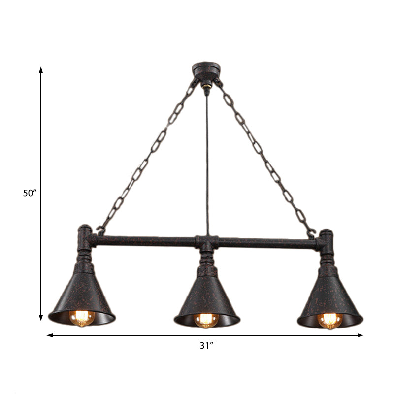 Rust Conical Island Lighting with Pipe Design Vintage Industrial Metal 3 Lights Dining Room Hanging Ceiling Light Clearhalo 'Ceiling Lights' 'Island Lights' Lighting' 142028