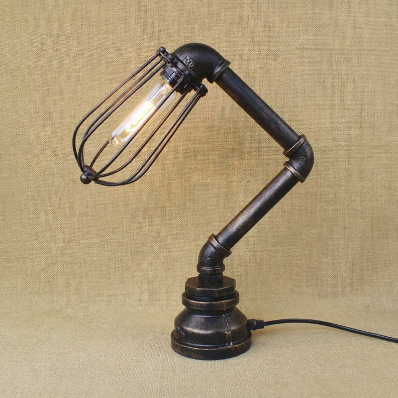 1 Head Table Lamp Industrial Style Bulb Cage Shade Metal Table Lighting with Water Pipe in Aged Bronze Clearhalo 'Lamps' 'Table Lamps' Lighting' 1420297