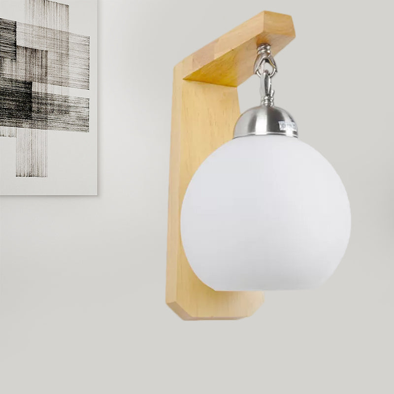 Opal Glass Globe Shade Wall Sconce Industrial 1 Light Bedroom Lighting Fixture with Wooden Backplate Clearhalo 'Modern wall lights' 'Modern' 'Wall Lamps & Sconces' 'Wall Lights' Lighting' 1420374