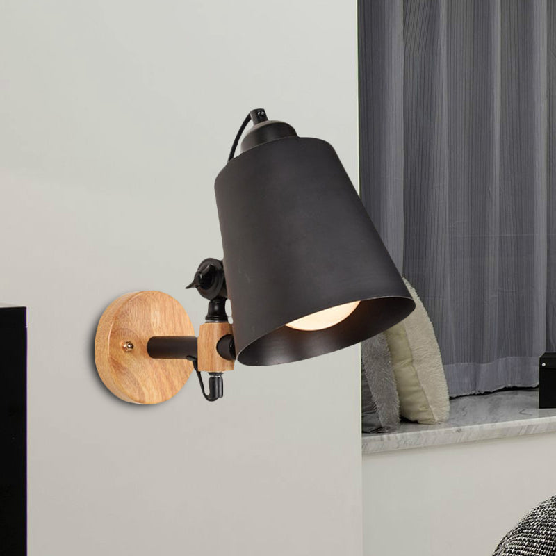 Bucket Shade Metal Wall Lamp Modernism 1 Light Corridor Wall Mount Light with Wooden Backplate in Black/White Clearhalo 'Cast Iron' 'Glass' 'Industrial' 'Modern wall lights' 'Modern' 'Tiffany' 'Traditional wall lights' 'Wall Lamps & Sconces' 'Wall Lights' Lighting' 1420378