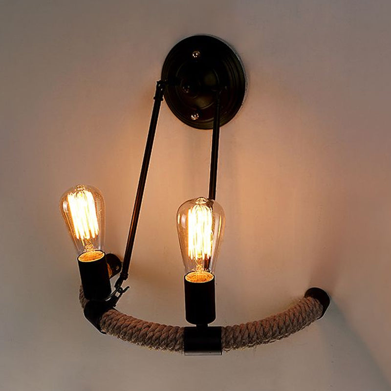 Roped Half-Ring Wall Lighting Vintage Style 2 Lights Living Room Wall Lamp with Bare Bulb in Black Clearhalo 'Art deco wall lights' 'Cast Iron' 'Glass' 'Industrial wall lights' 'Industrial' 'Middle century wall lights' 'Modern' 'Rustic wall lights' 'Tiffany' 'Traditional wall lights' 'Wall Lamps & Sconces' 'Wall Lights' Lighting' 1420389