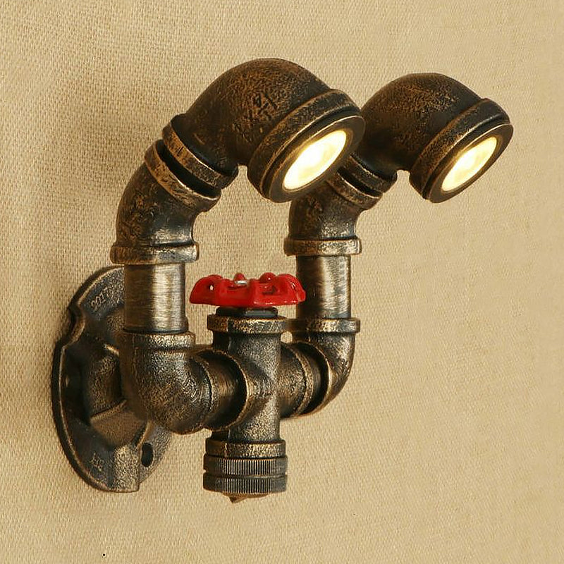 Aged Brass 2 Lights Wall Light Fixture Rustic Stylish Wrought Iron Pipe Wall Mount Light with Water Valve Clearhalo 'Art deco wall lights' 'Cast Iron' 'Glass' 'Industrial wall lights' 'Industrial' 'Middle century wall lights' 'Modern' 'Rustic wall lights' 'Tiffany' 'Traditional wall lights' 'Wall Lamps & Sconces' 'Wall Lights' Lighting' 1420406