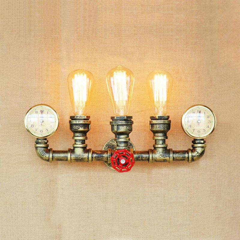 3 Lights Pipe Wall Lighting with Gauge and Valve Decoration Rustic Stylish Antique Brass Metal Wall Mount Light Clearhalo 'Art deco wall lights' 'Cast Iron' 'Glass' 'Industrial wall lights' 'Industrial' 'Middle century wall lights' 'Modern' 'Rustic wall lights' 'Tiffany' 'Traditional wall lights' 'Wall Lamps & Sconces' 'Wall Lights' Lighting' 1420409