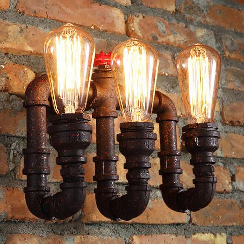 3 Lights Iron Wall Lamp Vintage Style Rust Water Pipe Stairway Wall Sconce Light with Exposed Bulb Clearhalo 'Art deco wall lights' 'Cast Iron' 'Glass' 'Industrial wall lights' 'Industrial' 'Middle century wall lights' 'Modern' 'Rustic wall lights' 'Tiffany' 'Traditional wall lights' 'Wall Lamps & Sconces' 'Wall Lights' Lighting' 1420412