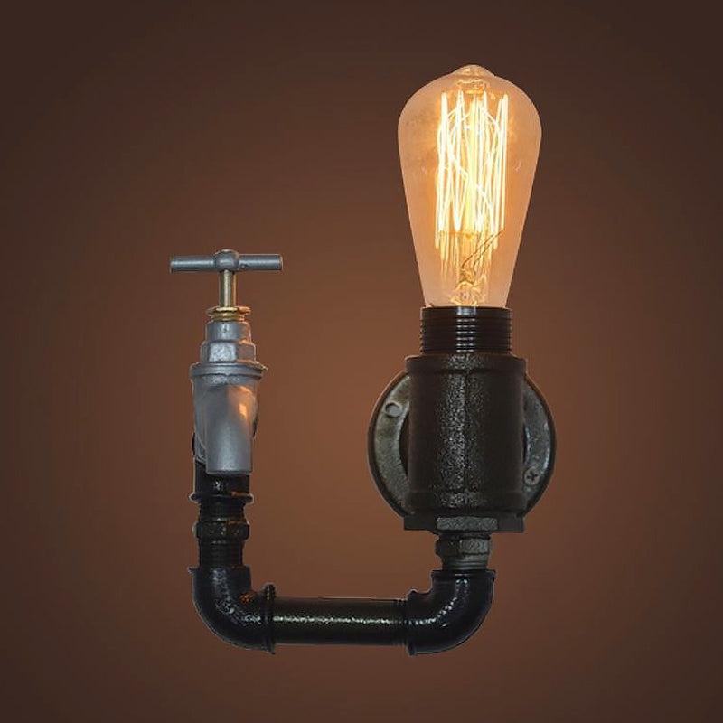Black Water Pipe Wall Sconce Industrial Metal 1 Light Living Room Mini Wall Lighting with Gauge/Faucet Decoration Clearhalo 'Art deco wall lights' 'Cast Iron' 'Glass' 'Industrial wall lights' 'Industrial' 'Middle century wall lights' 'Modern' 'Rustic wall lights' 'Tiffany' 'Traditional wall lights' 'Wall Lamps & Sconces' 'Wall Lights' Lighting' 1420420