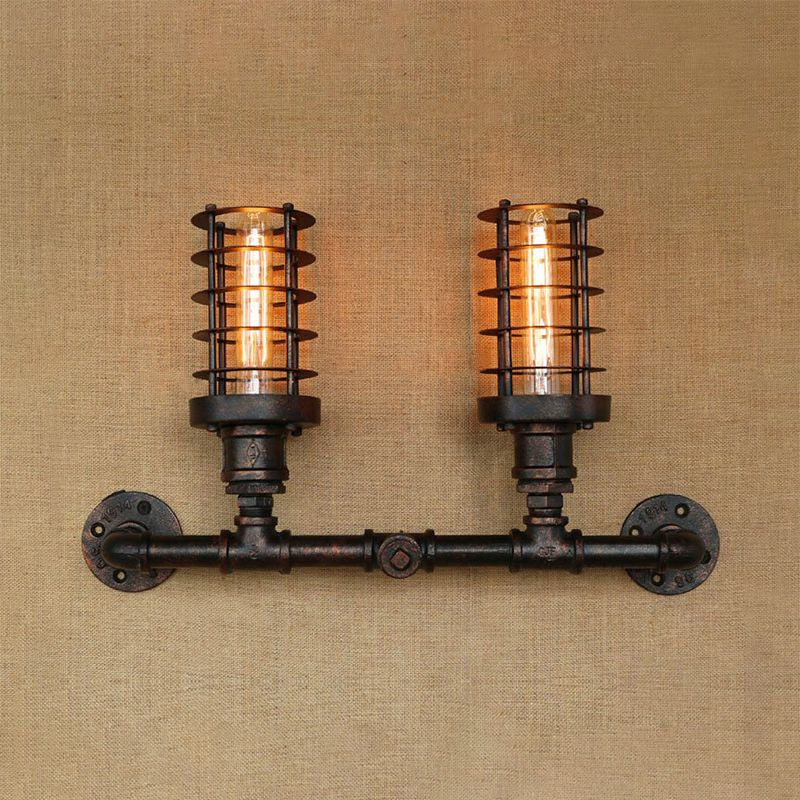 Steampunk Style Cylinder Wall Lamp with Wire Frame 2 Heads Iron Sconce Lighting in Aged Bronze for Living Room Clearhalo 'Art deco wall lights' 'Cast Iron' 'Glass' 'Industrial wall lights' 'Industrial' 'Middle century wall lights' 'Modern' 'Rustic wall lights' 'Tiffany' 'Traditional wall lights' 'Wall Lamps & Sconces' 'Wall Lights' Lighting' 1420438