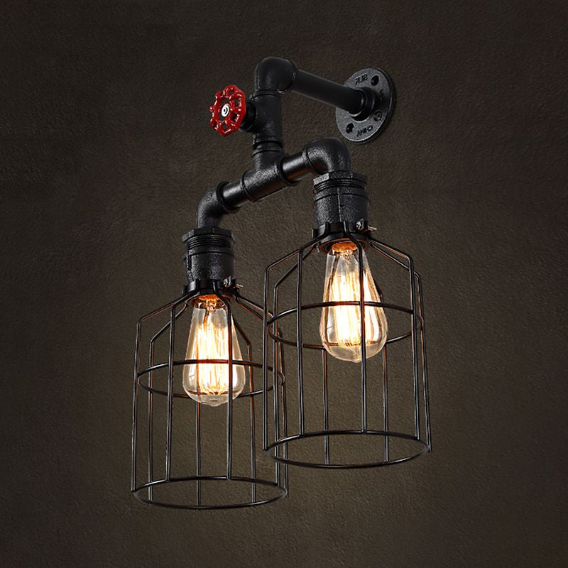 Double Caged Iron Sconce Lighting with Valve Wheel Industrial 2 Lights Hallway Wall Light Fixture in Black Clearhalo 'Art deco wall lights' 'Cast Iron' 'Glass' 'Industrial wall lights' 'Industrial' 'Middle century wall lights' 'Modern' 'Rustic wall lights' 'Tiffany' 'Traditional wall lights' 'Wall Lamps & Sconces' 'Wall Lights' Lighting' 1420439