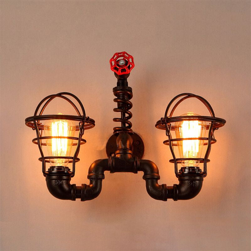 Black 2 Bulbs Wall Mount Lamp Vintage Wrought Iron Wire Guard Wall Lighting Fixture with Pipe and Valve Clearhalo 'Art deco wall lights' 'Cast Iron' 'Glass' 'Industrial wall lights' 'Industrial' 'Middle century wall lights' 'Modern' 'Rustic wall lights' 'Tiffany' 'Traditional wall lights' 'Wall Lamps & Sconces' 'Wall Lights' Lighting' 1420440