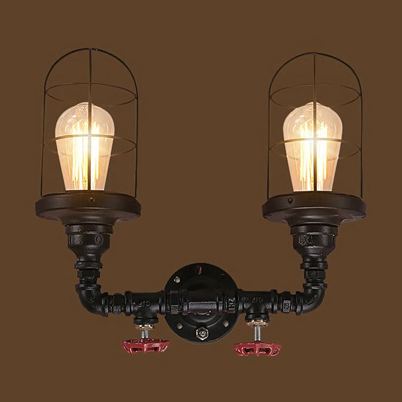 2 Bulbs Sconce Lighting Vintage Caged Metal Shade Wall Mount Lamp with Red Valve and Pipe in Black Clearhalo 'Art deco wall lights' 'Cast Iron' 'Glass' 'Industrial wall lights' 'Industrial' 'Middle century wall lights' 'Modern' 'Rustic wall lights' 'Tiffany' 'Traditional wall lights' 'Wall Lamps & Sconces' 'Wall Lights' Lighting' 1420441