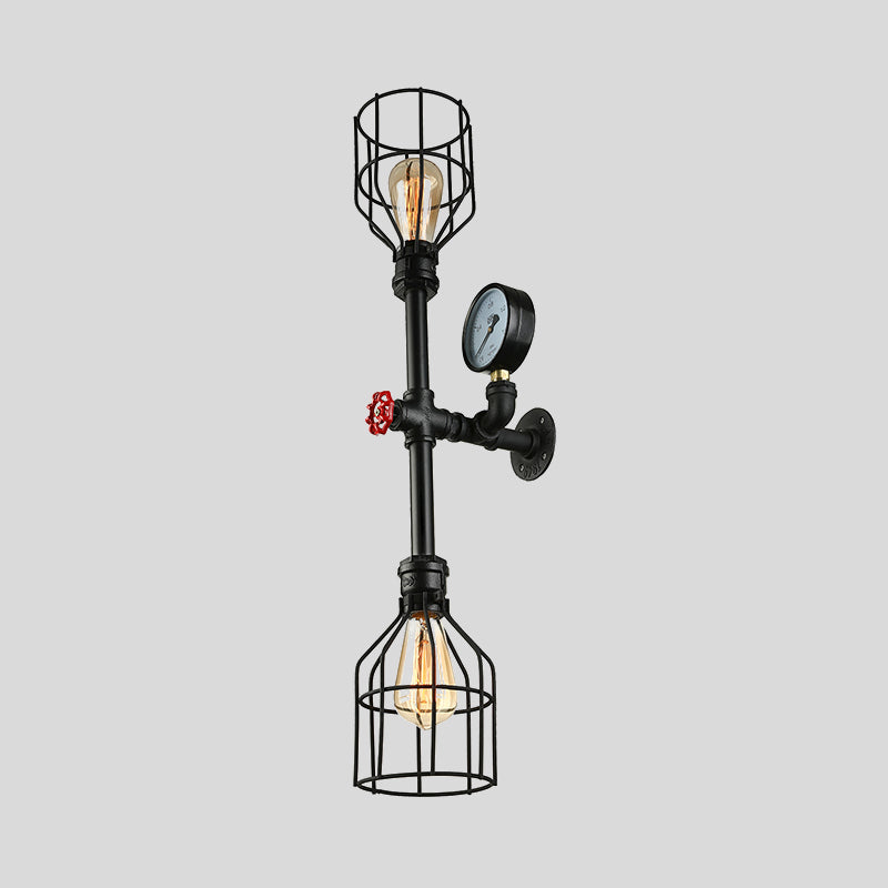 Metal Cage Shade Wall Sconce Fixture Industrial 2 Bulbs Living Room Wall Lighting with Gauge and Pipe in Black Clearhalo 'Art deco wall lights' 'Cast Iron' 'Glass' 'Industrial wall lights' 'Industrial' 'Middle century wall lights' 'Modern' 'Rustic wall lights' 'Tiffany' 'Traditional wall lights' 'Wall Lamps & Sconces' 'Wall Lights' Lighting' 1420442