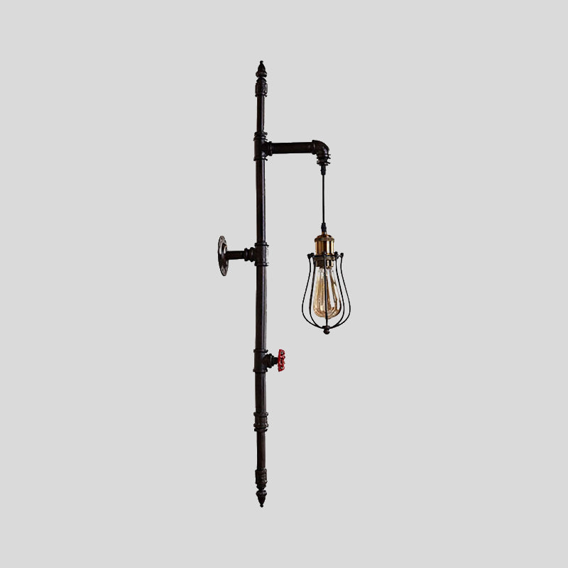 Rustic Stylish Wire Guard Wall Hanging Light with Water Pipe 1 Light Iron Wall Sconce in Black for Living Room Clearhalo 'Art deco wall lights' 'Cast Iron' 'Glass' 'Industrial wall lights' 'Industrial' 'Middle century wall lights' 'Modern' 'Rustic wall lights' 'Tiffany' 'Traditional wall lights' 'Wall Lamps & Sconces' 'Wall Lights' Lighting' 1420443