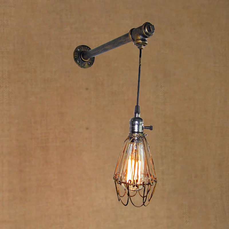 1 Head Iron Wall Lamp Rustic Style Antique Brass Caged Shade Dining Room Wall Light Fixture with Pipe Clearhalo 'Art deco wall lights' 'Cast Iron' 'Glass' 'Industrial wall lights' 'Industrial' 'Middle century wall lights' 'Modern' 'Rustic wall lights' 'Tiffany' 'Traditional wall lights' 'Wall Lamps & Sconces' 'Wall Lights' Lighting' 1420444