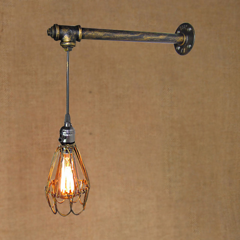 1 Head Iron Wall Lamp Rustic Style Antique Brass Caged Shade Dining Room Wall Light Fixture with Pipe Clearhalo 'Art deco wall lights' 'Cast Iron' 'Glass' 'Industrial wall lights' 'Industrial' 'Middle century wall lights' 'Modern' 'Rustic wall lights' 'Tiffany' 'Traditional wall lights' 'Wall Lamps & Sconces' 'Wall Lights' Lighting' 1420445